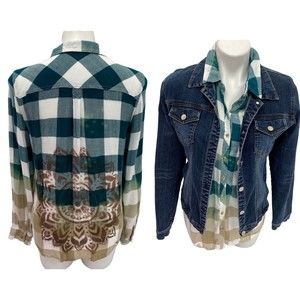 Womens Plaid Button Up Large Upcycled Bleach Ombre Stencil Collar Denim Jacket
